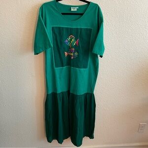 Johnny Was Vintage 90s Green Embroidered Tshirt Drop Waist Maxi Dress
